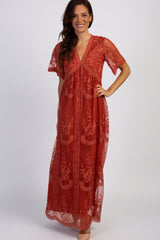 PinkBlush Rust Lace Mesh Overlay Maternity Maxi Dress