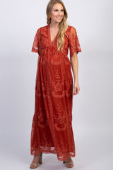 PinkBlush Rust Lace Mesh Overlay Maternity Maxi Dress