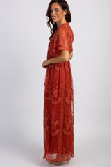 PinkBlush Rust Lace Mesh Overlay Maxi Dress