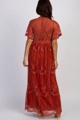 PinkBlush Rust Lace Mesh Overlay Maxi Dress