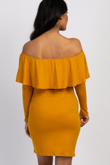 PinkBlush Mustard Yellow Ruffle Trim Off Shoulder Fitted Maternity Dress