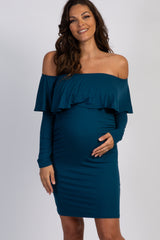 Teal Ruffle Trim Off Shoulder Fitted Maternity Dress