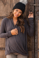 PinkBlush Charcoal Grey Draped Wrap V-Neck Maternity Nursing Top