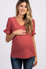 Mauve Swiss Dot Puff Ruffle Short Sleeve Maternity Top
