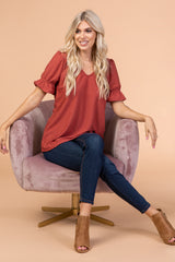 Mauve Swiss Dot Puff Ruffle Short Sleeve Top