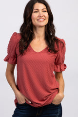 Mauve Swiss Dot Puff Ruffle Short Sleeve Maternity Top