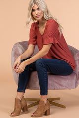 Mauve Swiss Dot Puff Ruffle Short Sleeve Top