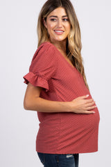 Mauve Swiss Dot Puff Ruffle Short Sleeve Maternity Top