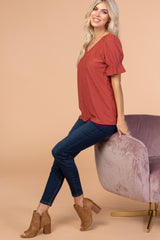 Mauve Swiss Dot Puff Ruffle Short Sleeve Top