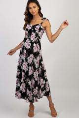 Black Floral Tie Strap Maternity Midi Dress