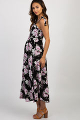 Black Floral Tie Strap Maternity Midi Dress