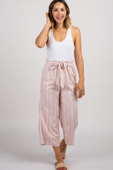 Pink Striped Waist Tie Cropped Pants