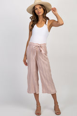 Pink Striped Waist Tie Cropped Maternity Pants