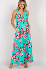 PinkBlush Mint Rose Print V-Back Maternity Wrap Maxi Dress