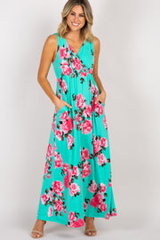 PinkBlush Mint Rose Print V-Back Wrap Maxi Dress