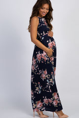 Navy Floral Halter Neckline Maternity Maxi Dress
