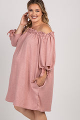 Mauve Solid Ruffle Off Shoulder Plus Maternity Dress
