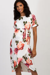 Ivory Floral Sash Tie Wrap Hem Maternity Dress