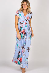 PinkBlush Light Blue Floral Draped Wrap Front Maxi Dress