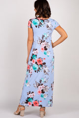 PinkBlush Light Blue Floral Draped Wrap Front Maternity Maxi Dress