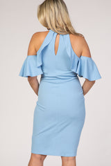 PinkBlush Light Blue Mock Neck Ruffle Trim Fitted Maternity Dress