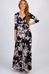 Black Abstract Floral Sash Tie Maternity/Nursing Maxi Dress