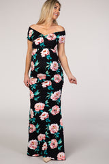 PinkBlush Black Floral Off Shoulder Wrap Maternity Photoshoot Gown/Dress