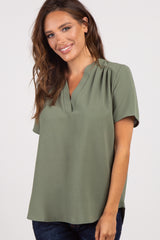 Olive Solid Chiffon V-Neck Maternity Top