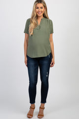 Olive Solid Chiffon V-Neck Maternity Top