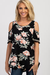 Black Floral Tassel Trim Embroidered Maternity Top