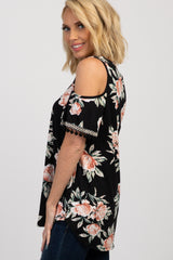 Black Floral Tassel Trim Embroidered Top