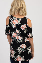 Black Floral Tassel Trim Embroidered Top