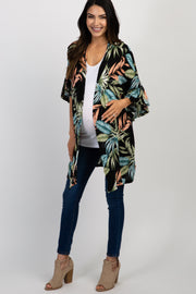 Black Leaf Print Ruffle Sleeve Maternity Cover Up