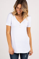 White Solid Button Front Top