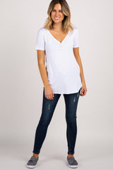 White Solid Button Front Top