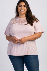 Light Pink Scalloped Lace Yoke Bell Sleeve Plus Top