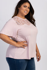 Light Pink Scalloped Lace Yoke Bell Sleeve Plus Top