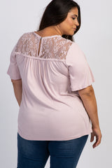 Light Pink Scalloped Lace Yoke Bell Sleeve Plus Top