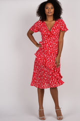 Red Paisley Ruffle Wrap Midi Dress