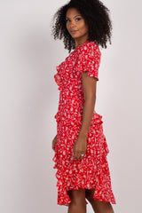 Red Paisley Ruffle Wrap Midi Dress