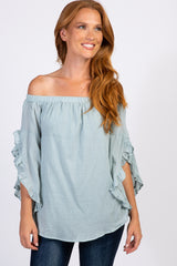 Light Blue Off Shoulder Ruffle Sleeve Top