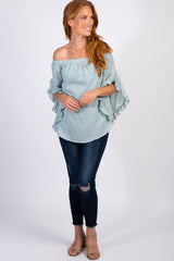 Light Blue Off Shoulder Ruffle Sleeve Top