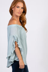 Light Blue Off Shoulder Ruffle Sleeve Top