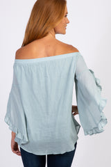 Light Blue Off Shoulder Ruffle Sleeve Top