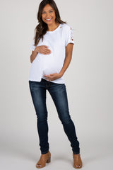 White Crochet Sleeve Maternity Top