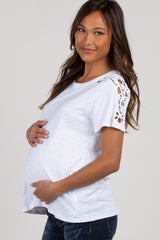 White Crochet Sleeve Maternity Top