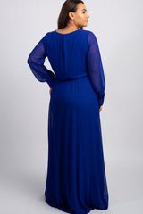 Royal Blue Chiffon Long Sleeve Pleated Plus Maxi Dress