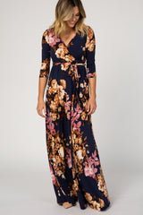 Navy Floral Wrap V-Neck Maternity Maxi Dress