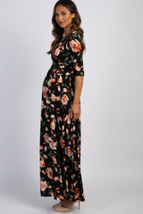 PinkBlush Black Rose Print Wrap V-Neck Maternity Maxi Dress