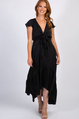 Black Tie Front Ruffle Hi-Low Hem Maxi Dress
